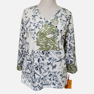 Ruby Rd. Knit Top Size X-large Faux Wrap Floral 3/4 Length Sleeves Blue Green